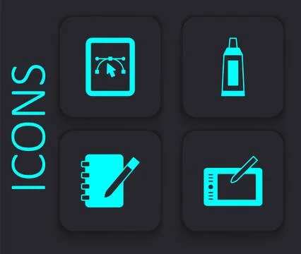 Set Graphic tablet, Computer with design program, Tube paint palette and No.. Stockillustratie