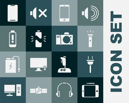 Set Graphic tablet, Electric plug, Flashlight, Smartphone, mobile phone, Br.. Stock Illustration