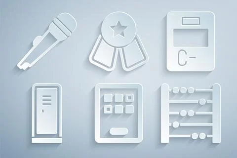 Set Graphic tablet, Exam paper with incorrect answers, Locker changing room,  Illustrazione stock