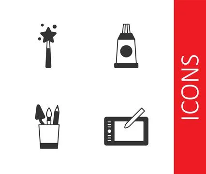 Set Graphic tablet, Magic wand, Pencil case stationery and Tube with paint .. 스톡 일러스트