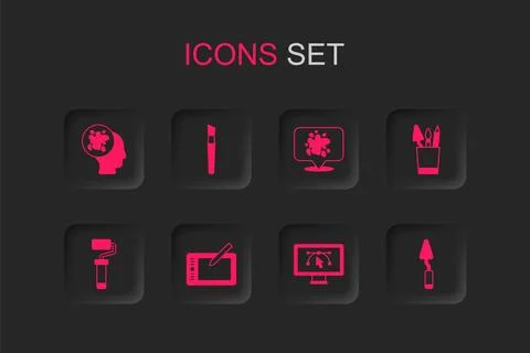 Set Graphic tablet, Paint brush, spray, Computer with design program, Penci.. Stock-Illustration