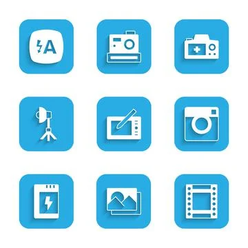 Set Graphic tablet, Photo frame, Camera roll cartridge, camera, Battery for Illustrazione stock