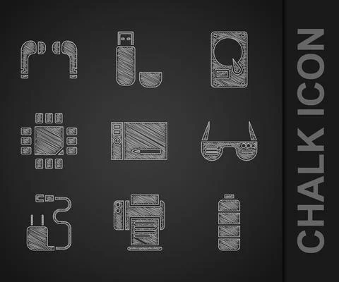 Set Graphic tablet, Printer, Battery charge level indicator, Smart glasses Stock Illustration