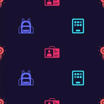 Set Graphic tablet, School backpack, Identification badge and Light bulb on.. Stock Illustration