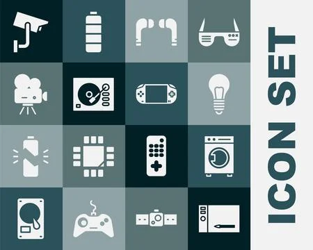 Set Graphic tablet, Washer, Light bulb with concept of idea, Air headphones.. Stock Illustration