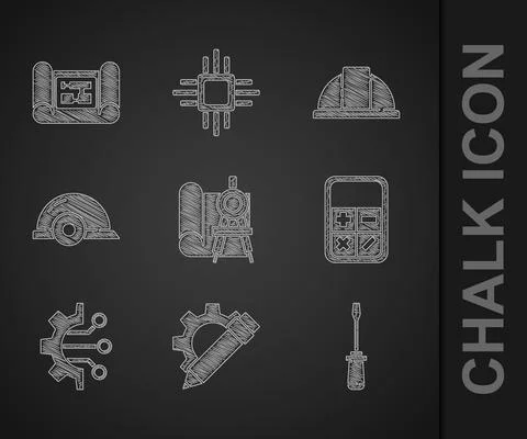 Set Graphing paper and compass, Pencil gear, Screwdriver, Calculator, Algorithm Stock Illustration