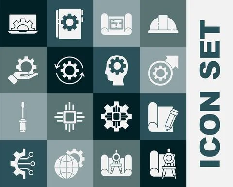 Set Graphing paper and compass, pencil, Gear arrows workflow process, House plan Illustrazione stock