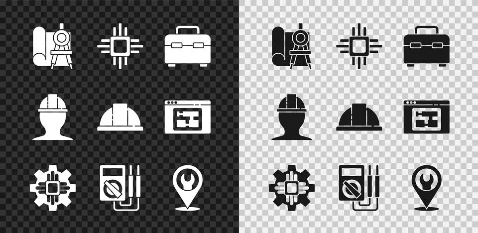 Set Graphing paper and compass, Processor with microcircuits CPU, Toolbox Illustrazione stock