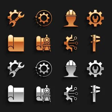 Set Graphing paper and compass, Wrench spanner gear, Calliper or caliper scale Stock Illustration
