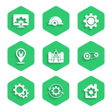 Set Graphing paper and compass, Gear arrows workflow, House with gear, Timi.. Stock Illustration