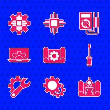 Set Graphing paper and gear, Gear, compass, Screwdriver, Wrench spanner, Laptop Stock Illustration