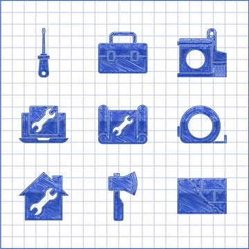 Set Graphing paper and wrench, Wooden axe, Bricks, Roulette construction, H.. Stock Illustration