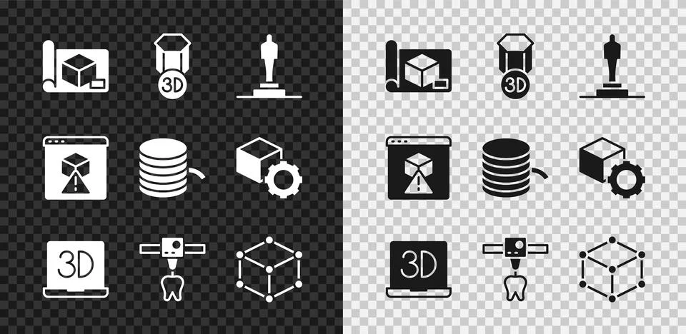 Set Graphing paper for engineering, 3D printer, model, tooth, Isometric cube Stock Illustration