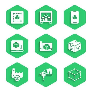 Set Graphing paper for engineering, 3D printer, Isometric cube, Printing house Illustrazione stock