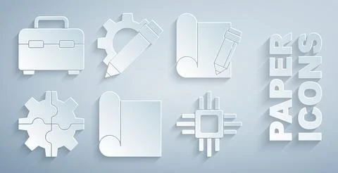 Set Graphing paper for engineering, and pencil, Gear, Processor with microcir イラスト素材