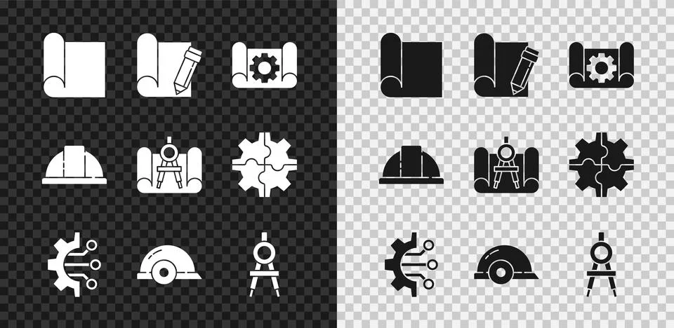 Set Graphing paper for engineering, and pencil, gear, Algorithm, Worker safety Stock Illustration