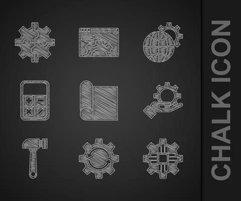 Set Graphing paper for engineering, Gear and arrows as workflow, Processor Illustrazione stock