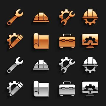 Set Graphing paper for engineering, Worker safety helmet and gear, Computer Illustrazione stock