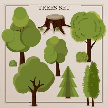 A set of graphite cartoon trees. Vector flat illustration with trees, spruce Illustrazione stock