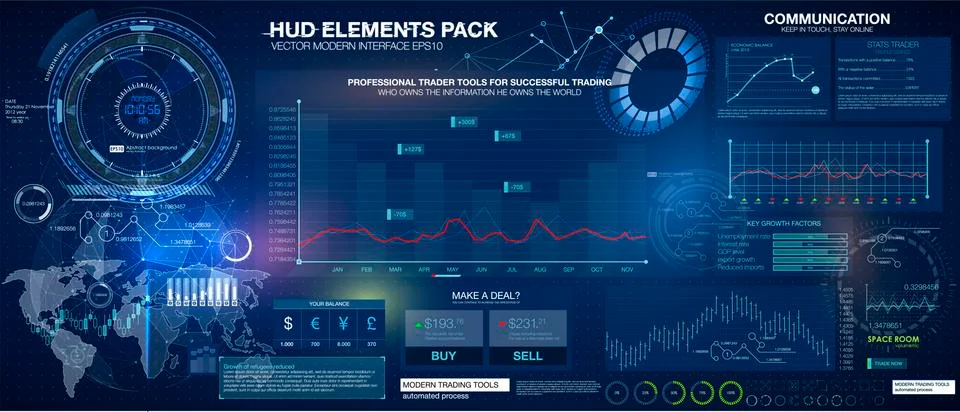 Set graphs and charts. Statistic and data, information infographic. HUD Stock Illustration