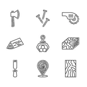 Set Grapple crane grabbed a log, Wooden logs, beam, Chisel tool, Electric Ilustración de archivo