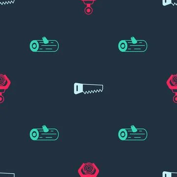 Set Grapple crane grabbed a log, Hand saw and Wooden logs on seamless pattern Stock Illustration
