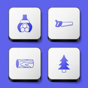 Set Grapple crane grabbed a log, Hand saw, Wooden and Tree icon. White square Stock Illustration