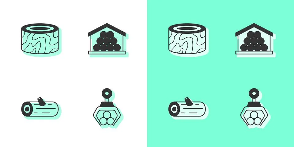 Set Grapple crane grabbed a log, Tree stump, Wooden logs and  icon. Vector Stock Illustration