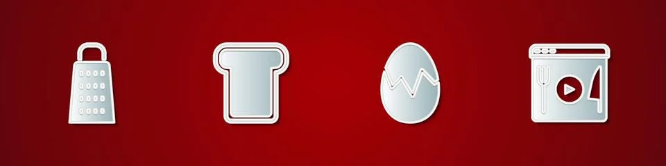 Set Grater, Bread toast, Broken egg and Cooking live streaming icon. Vector 스톡 일러스트