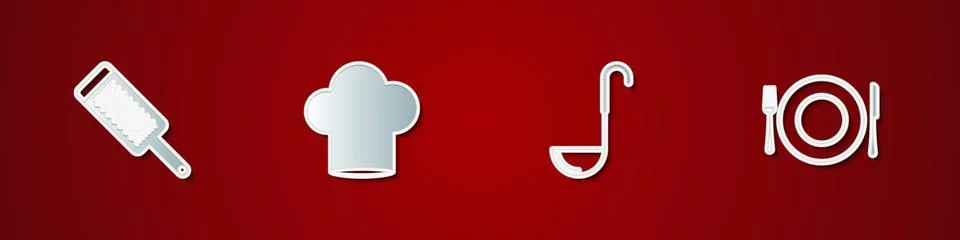 Set Grater, Chef hat, Kitchen ladle and Plate, fork and knife icon. Vector Stock Illustration