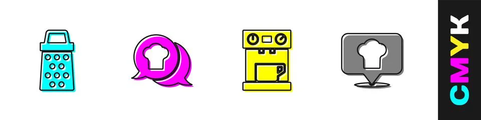 Set Grater, Chef hat in speech bubble, Coffee machine and with location icon Stock Illustration