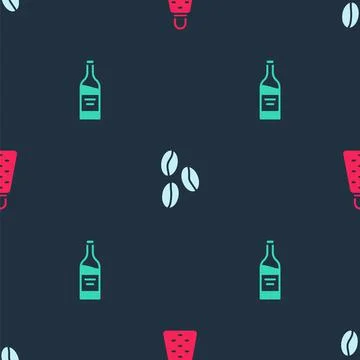 Set Grater, Coffee beans and Bottle wine on seamless pattern. Vector Stock Illustration