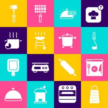 Set Grater, Cooking live streaming, Kitchen ladle, Covered with tray of food Illustrazione stock