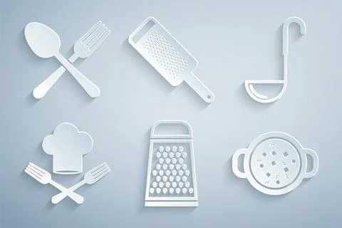 Set Grater, Kitchen ladle, Chef hat and fork, Cooking soup in pot,  and Cro.. Stock Illustration