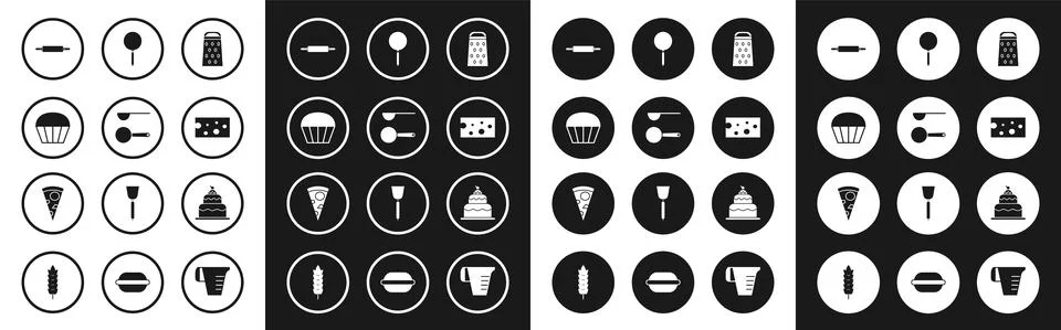 Set Grater, Measuring spoon, Muffin, Rolling pin, Cheese, Frying pan, Cake and Illustration