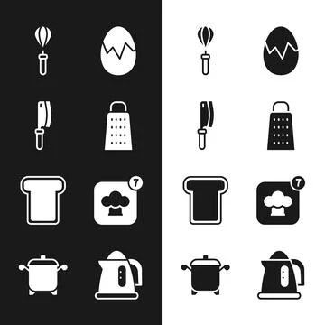 Set Grater, Meat chopper, Kitchen whisk, Broken egg, Bread toast, Chef hat Illustrazione stock
