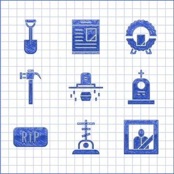 Set Grave with coffin, cross, Mourning photo frame, tombstone, Speech bubble rip Stock-Illustration
