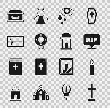Set Grave with cross, Burning candle, Speech bubble rip death, Tear cry eye Stock Illustration
