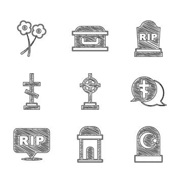 Set Grave with cross, Old crypt, Muslim cemetery, Speech bubble rip death Illustrazione stock