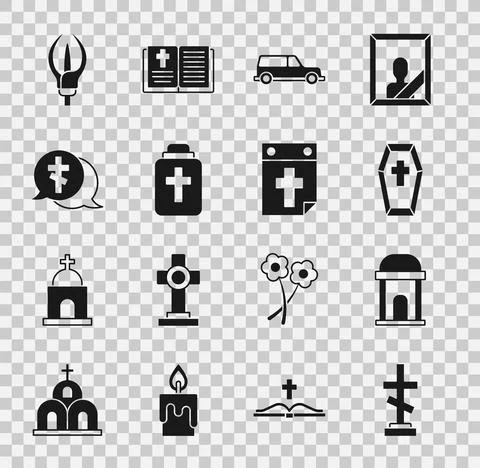 Set Grave with cross, Old crypt, Coffin, Hearse car, Funeral urn, Lily flower Ilustración de archivo
