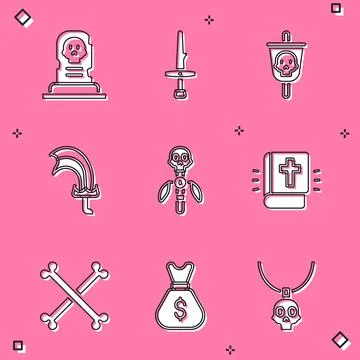 Set Grave with tombstone, Dagger, Pirate flag, Sword for game, Magic staff, Holy Stock Illustration