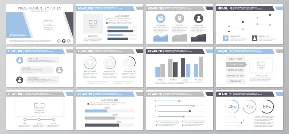 Set of gray and blue elements for multipurpose presentation template slides with 스톡 일러스트
