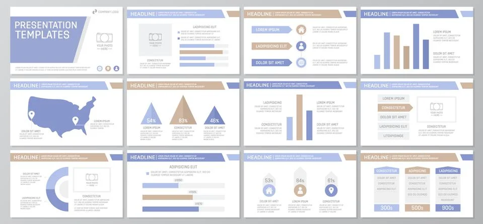Set of gray and blue elements for multipurpose presentation template slides with 库存插图