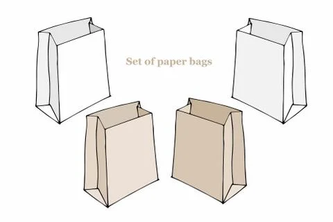 Set of gray and brown clear empty blank craft paper bags for takeaway isolated Illustrazione stock