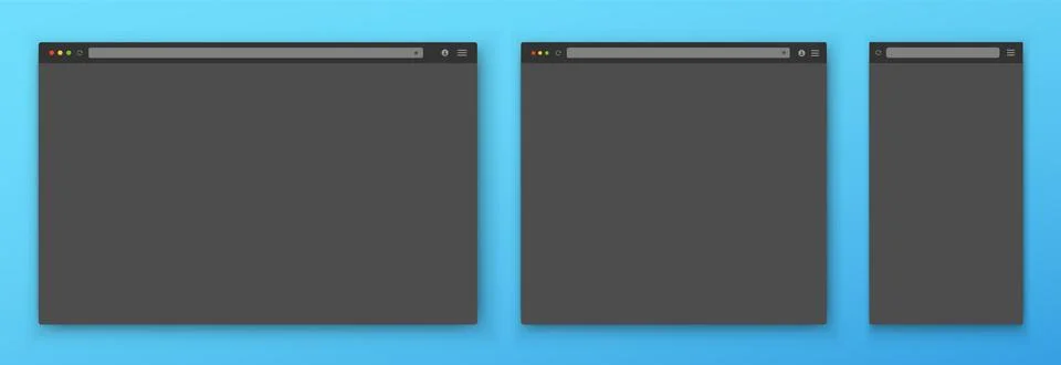 A set of gray browser windows of different shapes on a blue background. Illustrazione stock