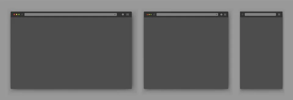 A set of gray browser windows of different shapes on a dark background. Illustrazione stock
