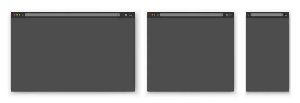 A set of gray browser windows of different shapes on a white background. Illustrazione stock