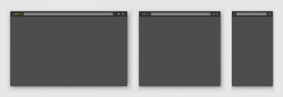 A set of gray browser windows of different shapes on a gray background. Illustrazione stock