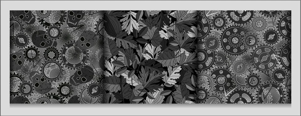 Set of gray camouflage seamless patterns with skulls, gears, leaves Stock Illustration