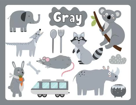 Set of gray color objects. Primary colors flashcard with gray elements Illustrazione stock